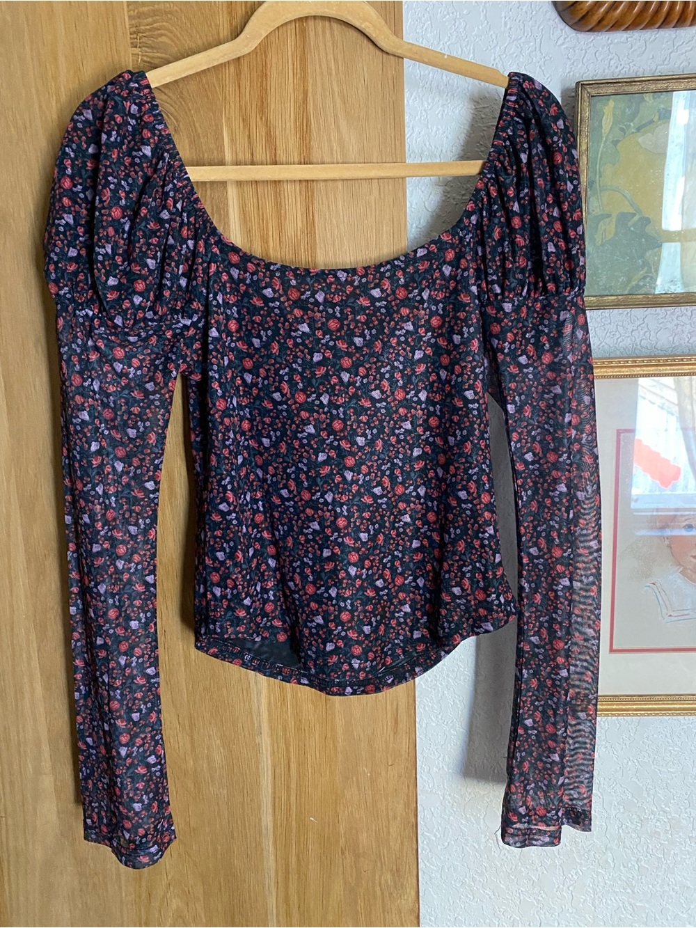 Maeve Black Sheer Long-Sleeve Top with Red Floral Print - Picture 3 of 5